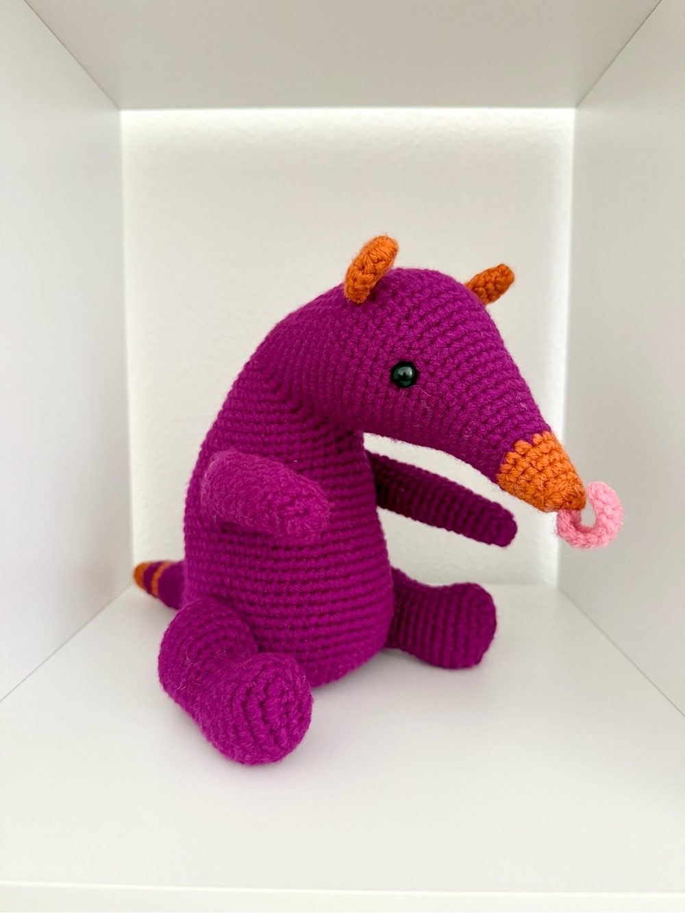Handmade Purple Crochet Anteater with Orange & Pink Accents